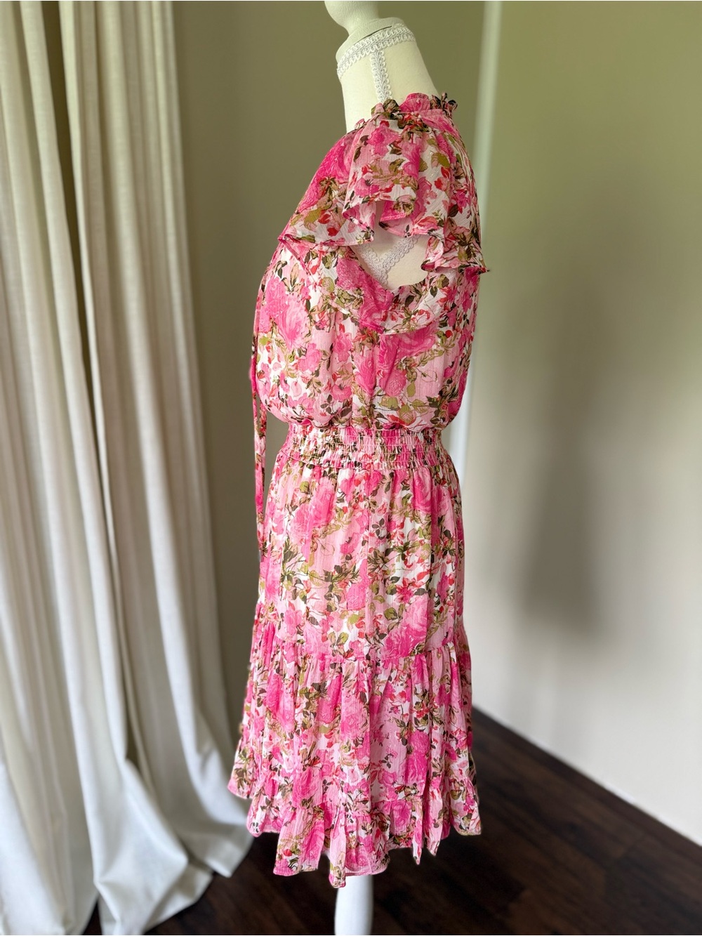 MSK Smocked Waist Tie Crew Neck Dress Pink Floral Ruffle Mini Dress fairycore S - Picture 8 of 12